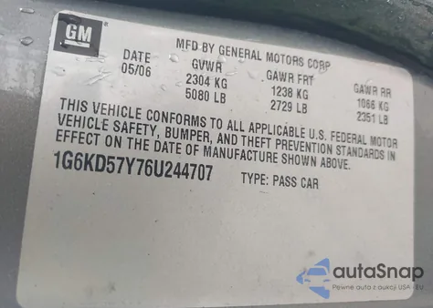 2006 Cadillac Dts z USA, uszkodzony, nr VIN 1G6KD57Y76U244707